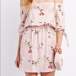 Pretty pink floral off the shoulder dress